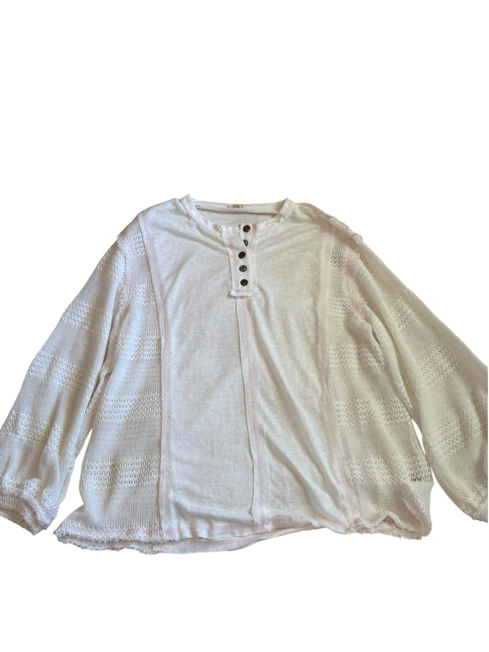 POL Clothing Mixed Media Pointelle Knit Henley Top M Ivory Pink SMT2390